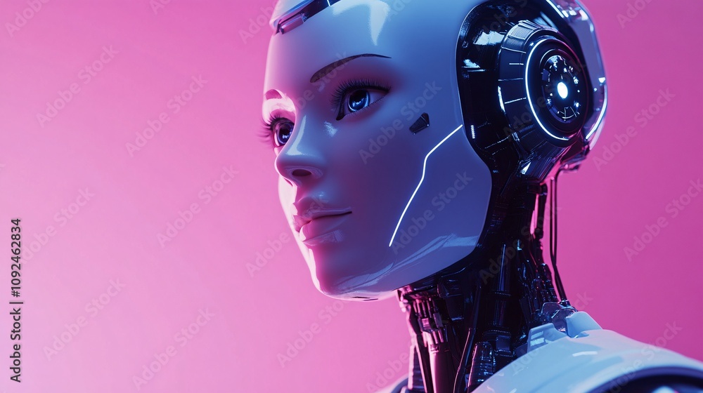 Futuristic female robot looking upwards on pink and purple background Futuristic female robot looking upwards on pink and purple background