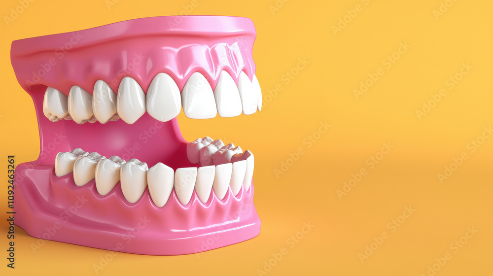 Fototapeta premium 3D render of mouth with white teeth on yellow background, showcasing dental features and vibrant colors. This highlights oral health and aesthetics
