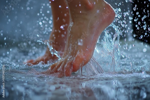 Close-up of feet running through splashing water, symbolizing vitality, refreshment, and dynamic energy in an active lifestyle, Generative Ai photo