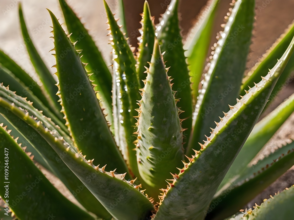 Fototapeta premium A lush aloe vera photographed at close range in a home garden