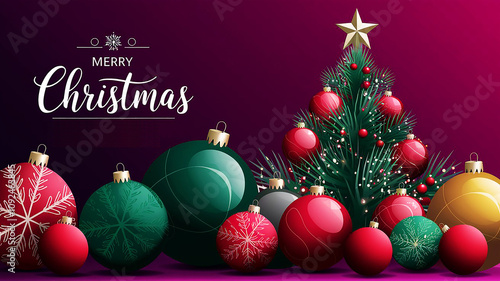 Merry christmas background with christmas tree christmas star and colorful balls decorations