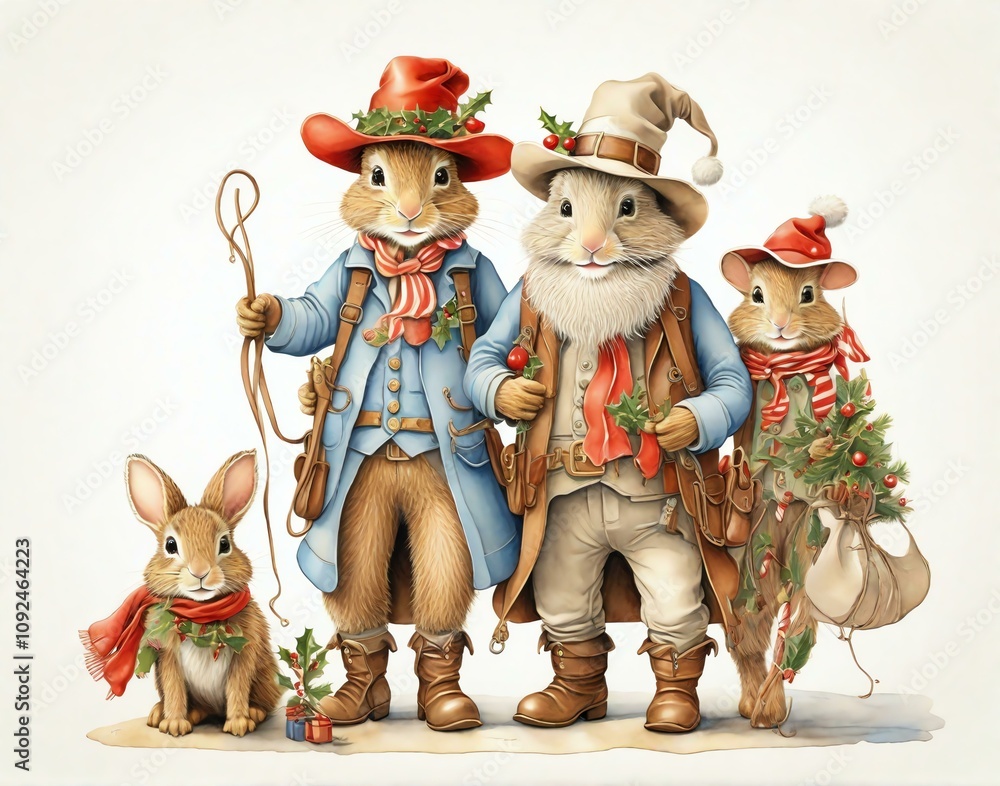 Beatrix Potter meets Santa Claus in a cowboy outfit, cartoon style, with a white background and low detail. Naive Art, perfect for Christmas themes.