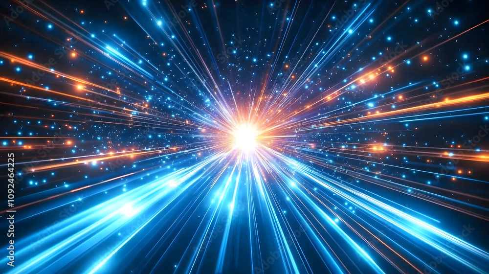 Abstract blue light speed background with laser rays and glowing flare in the center, motion blur effect, futuristic design concept for technology or science illustration. Abstract blue light speed background with laser rays and glowing flare in the center, motion blur effect, futuristic design concept for technology or science illustration.