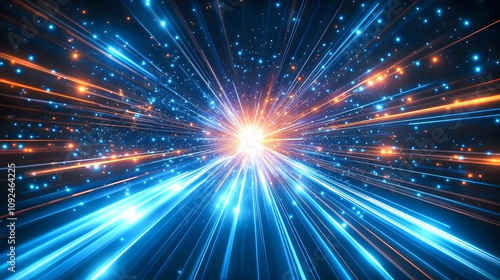 Abstract blue light speed background with laser rays and glowing flare in the center, motion blur effect, futuristic design concept for technology or science illustration.