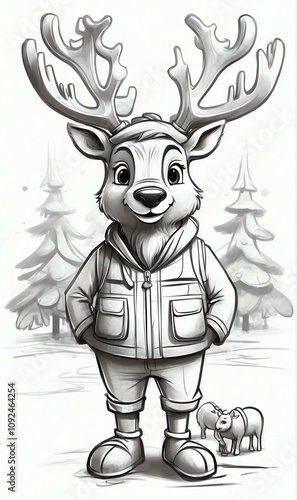 Coloring page featuring a cartoon-style, clean line art of a full-body reindeer on a white background, perfect for kids coloring books.