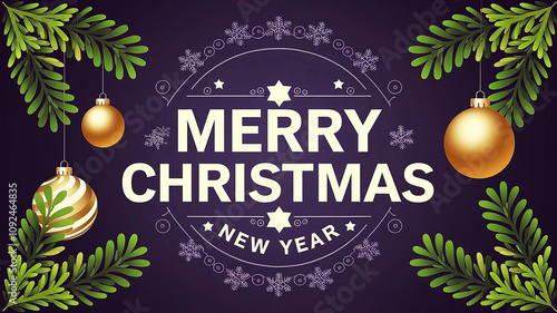Happy Merry christmas decoration new year greeting wish card with christmas balls christmas green tree leaves on purple background