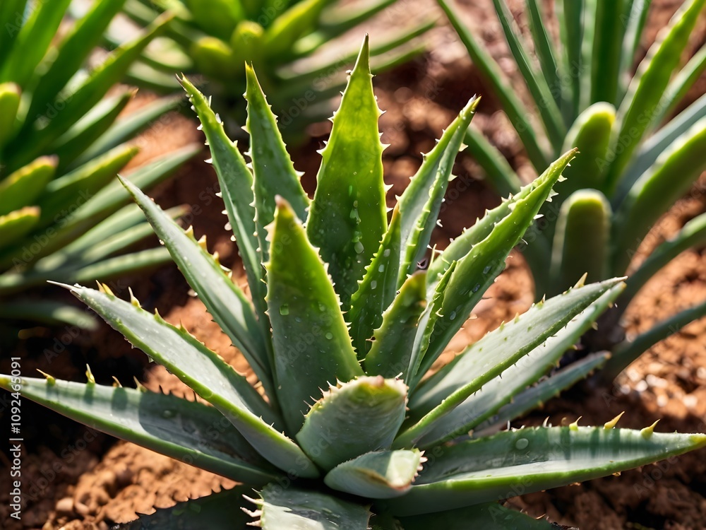 Fototapeta premium A lush aloe vera photographed at close range in a home garden