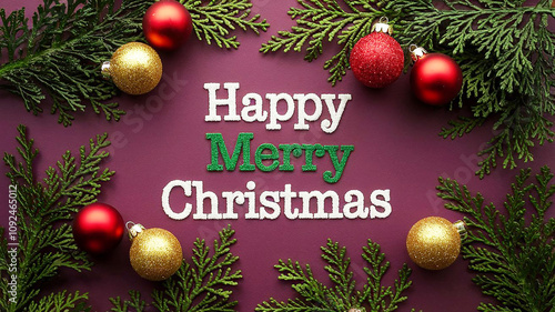 Happy Merry christmas decoration with christmas balls christmas green tree leaves on purple background