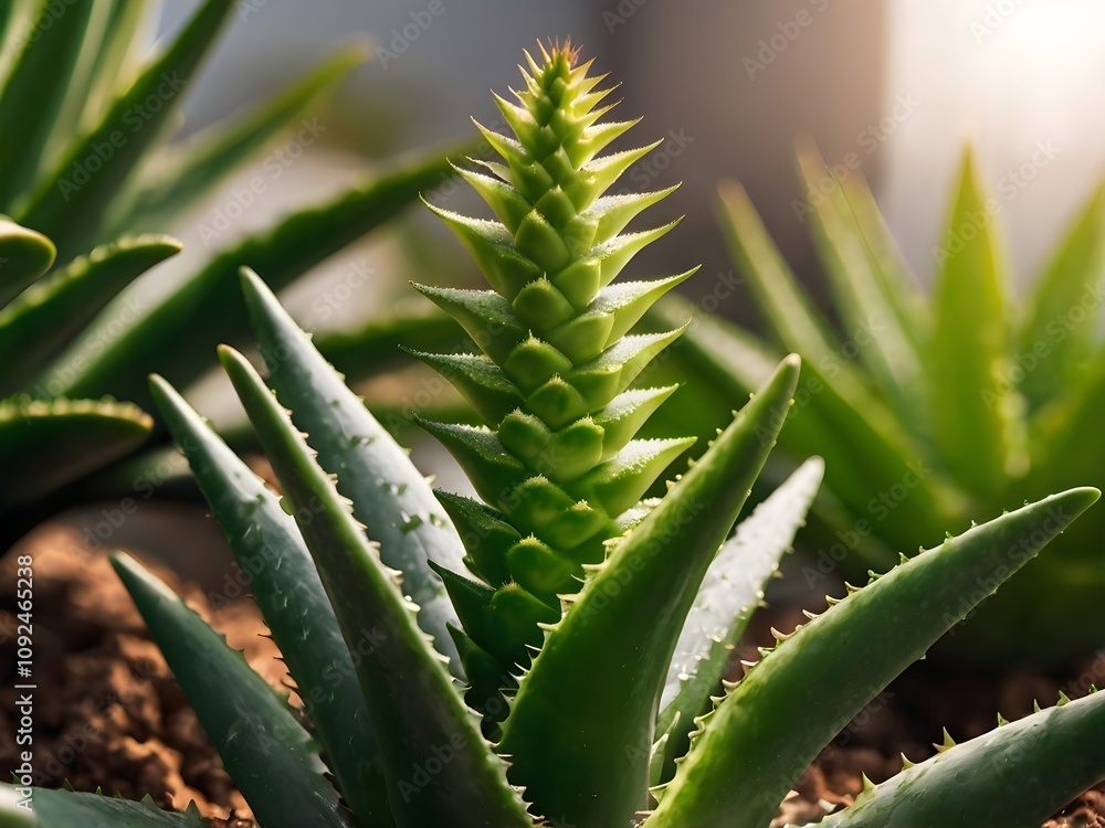Fototapeta premium A lush aloe vera photographed at close range in a home garden