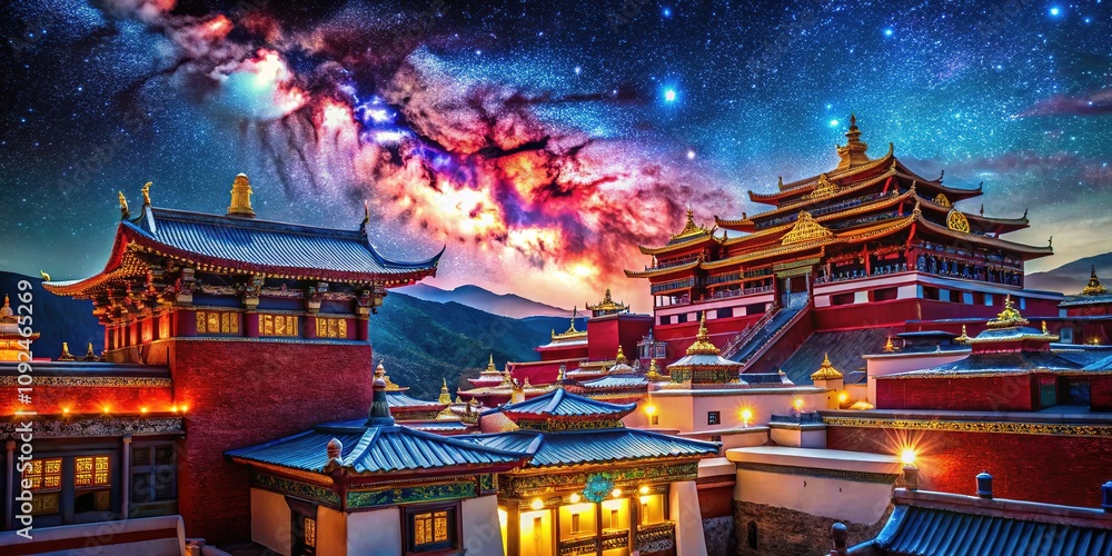 Fototapeta premium Shangri-La's burst â€“ prayer flags, red, blue sky.
