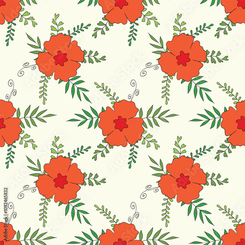 Seamless floral pattern based on traditional folk art ornaments. Colorful flowers on color background. Scandinavian style. Sweden nordic style. Vector illustration. Simple minimalistic pattern.