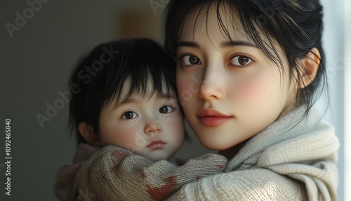 Close Up photo of mother and child wearing knitted clothes, mother and child taking a photo facing the camera, Mother's Day