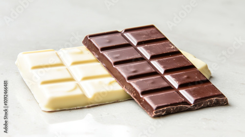 Delicious chocolate bars, one white and one dark, displayed on marble surface. contrast between creamy white and rich dark chocolate creates appealing visual