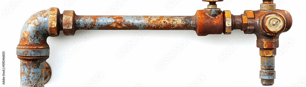 Rustic Industrial Pipe Fitting with Valves and Aged Metal Texture, Isolated on White Background Rustic Industrial Pipe Fitting with Valves and Aged Metal Texture, Isolated on White Background