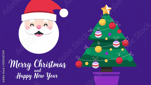 Christmas greeting card with santa claus with christmas tree