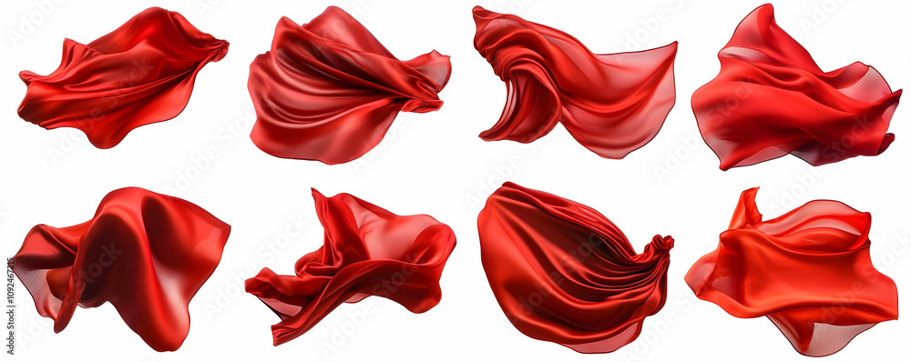 Fototapeta premium Collection of Eight Red Silk Fabrics Flowing Dynamically in 3D Render