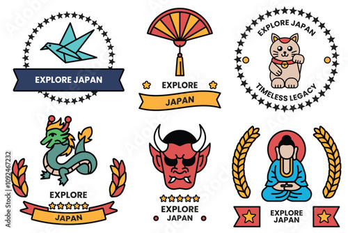 A set of different badges in concept of Explore Japan