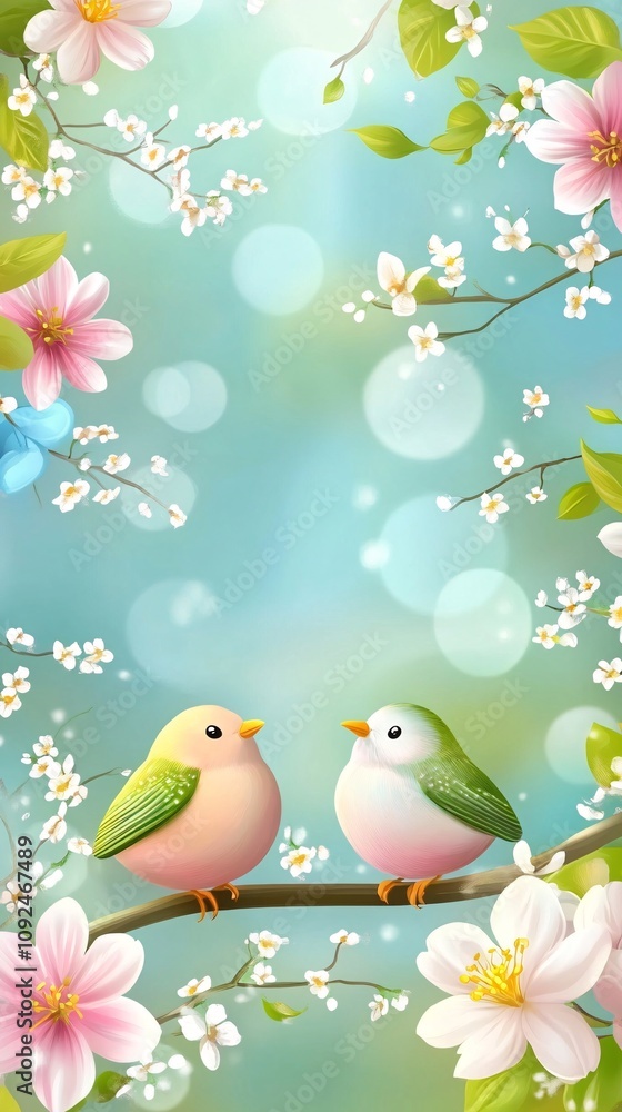 Fototapeta premium Two birds sitting on a blossoming branch in springtime