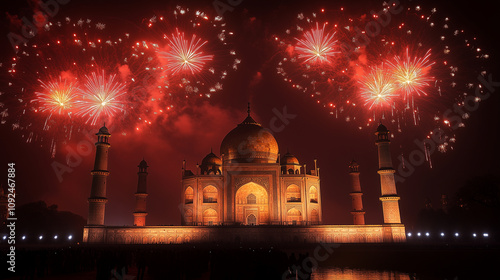 Taj Mahal Illuminated by Golden Fireworks at Night