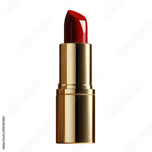 Red lipstick in golden tube isolated on transparent background . photo