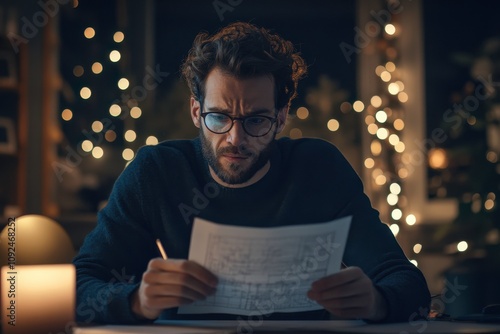 Young man reviewing architectural blueprints at night with a focused expression, surrounded by festive bokeh lights creating a cozy and inspiring atmosphere for creativity. photo