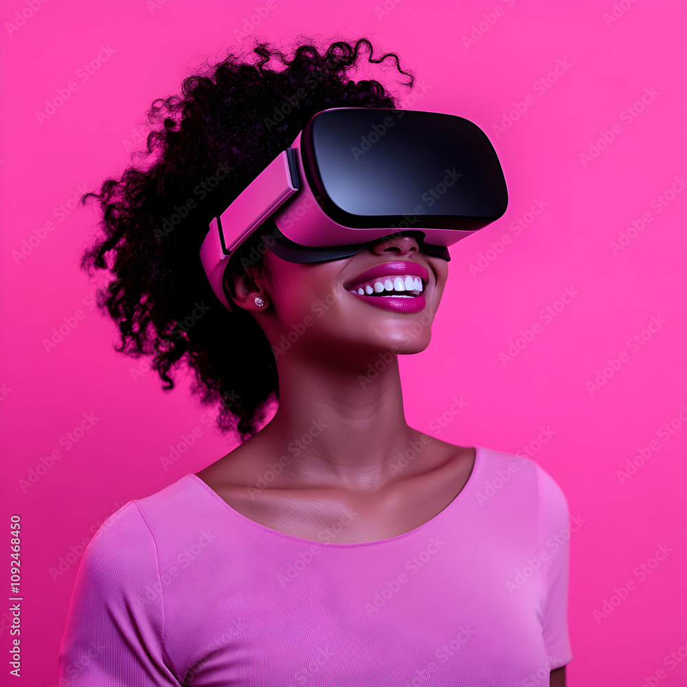 A woman wearing a VR Headset with a pink background A woman wearing a VR Headset with a pink background