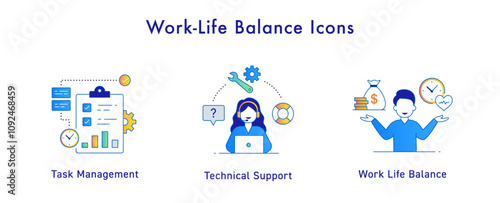 Work-Life Balance Icons: Icons Included: Work Life Balance, Technical Support, Task Management. Gradient Style Icons.