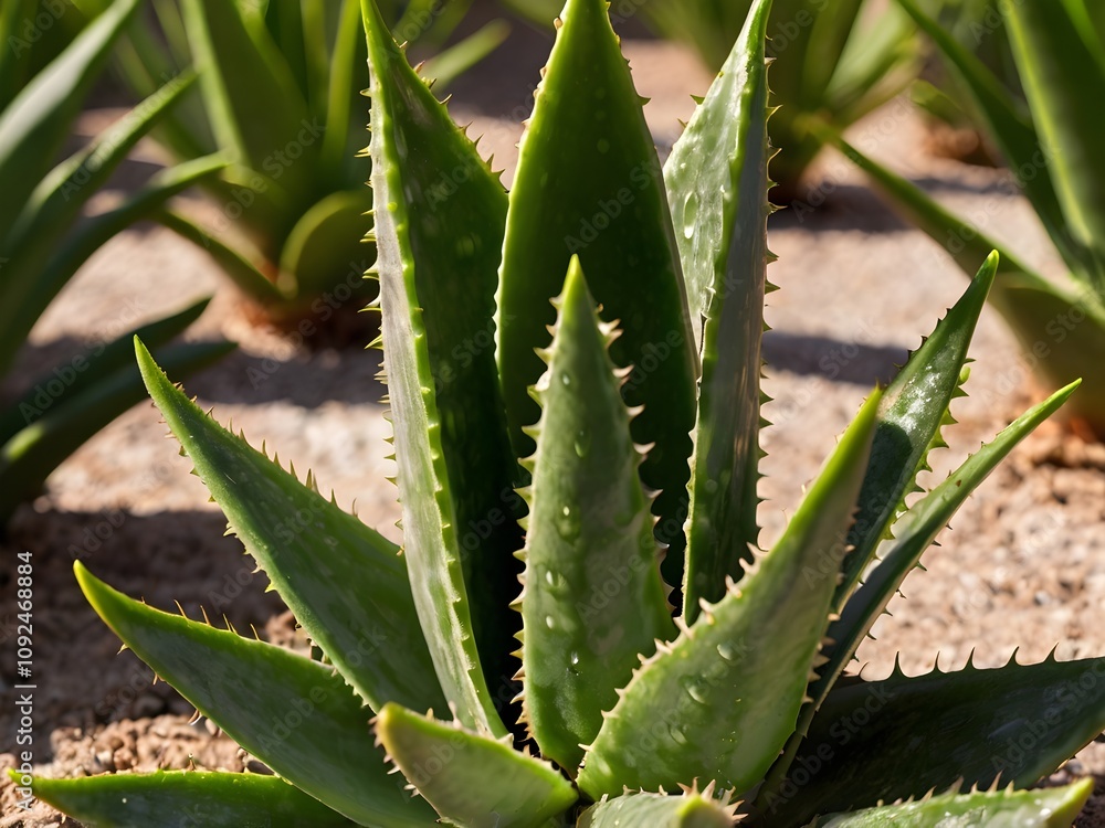 Fototapeta premium A lush aloe vera photographed at close range in a home garden