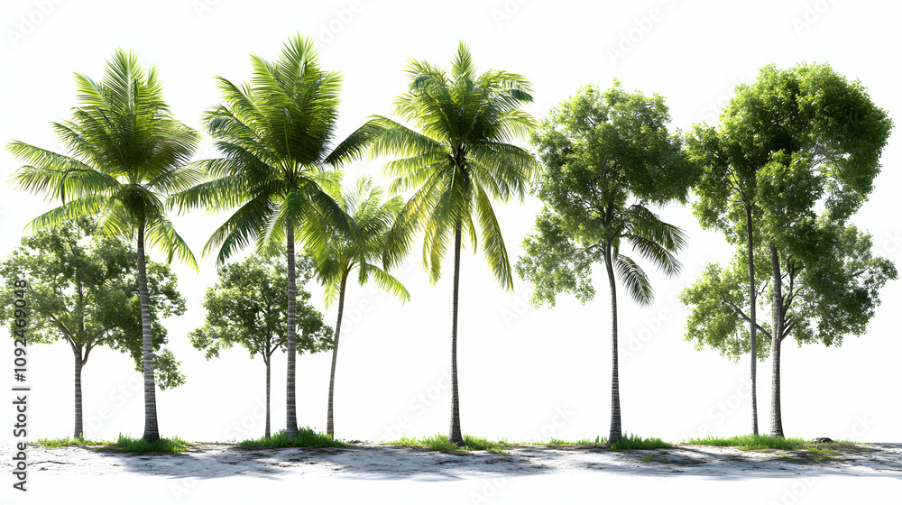 Obraz premium 3D Render of Lush Tropical Trees and Palm Trees on a Sandy Beach Against a White Background