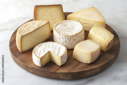 Different types of cheese on rustic wooden board. Cheese assortment