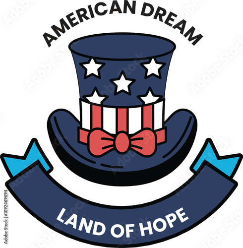 A patriotic hat with stars and stripes and the words American Dream Land of Hope