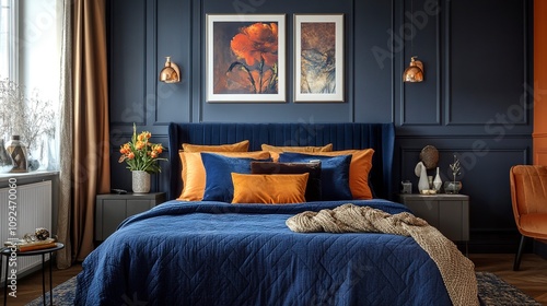 A stylish bedroom designed with a complementary color scheme, featuring deep blue as the main hue and vibrant orange accents. generative ai