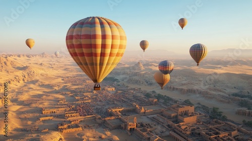 Colorful hot air balloons soar over a vast desert landscape at sunrise, creating a magical atmosphere of adventure. photo