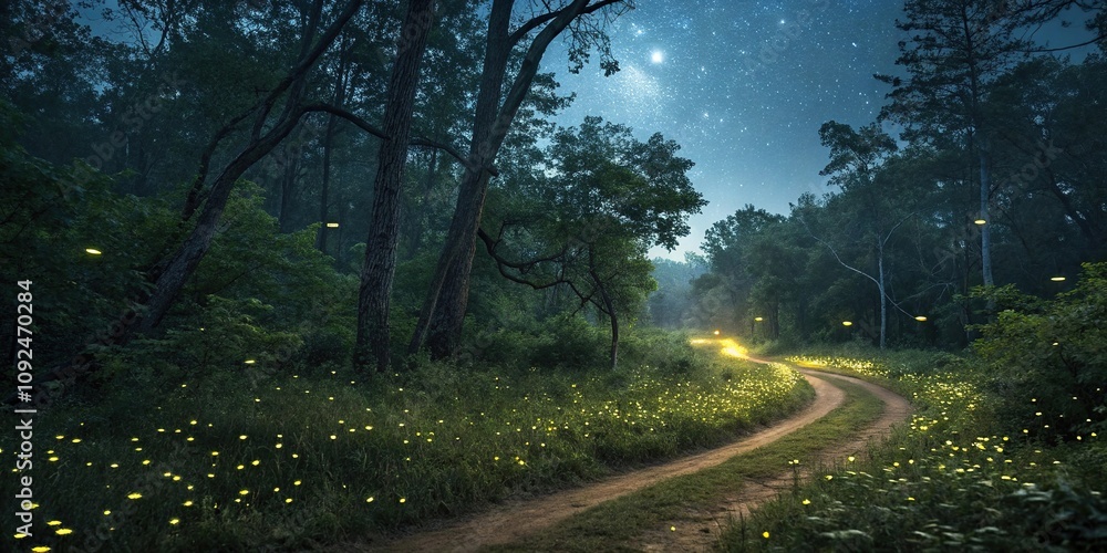 Fototapeta premium Fireflies illuminating a winding forest path, lanterns, walking trail