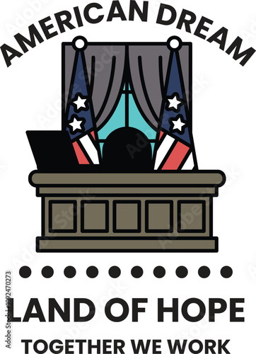 American dream logo with a desk and a flag