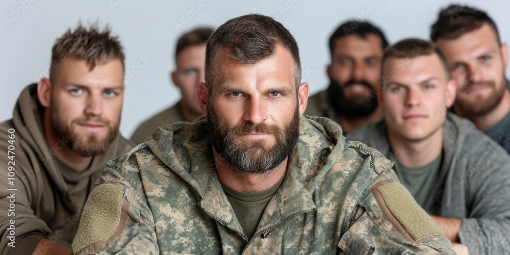 A group of soldiers poses together, showcasing camaraderie and strength, with one individual prominently positioned in the front. A group of soldiers poses together, showcasing camaraderie and strength, with one individual prominently positioned in the front.