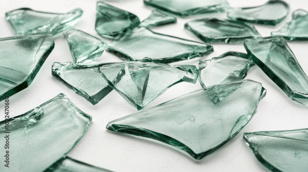 Obraz premium Shattered Glass Fragments Displaying Varied Shapes and Textures on a White Surface Ideal for Backgrounds and Creative Projects