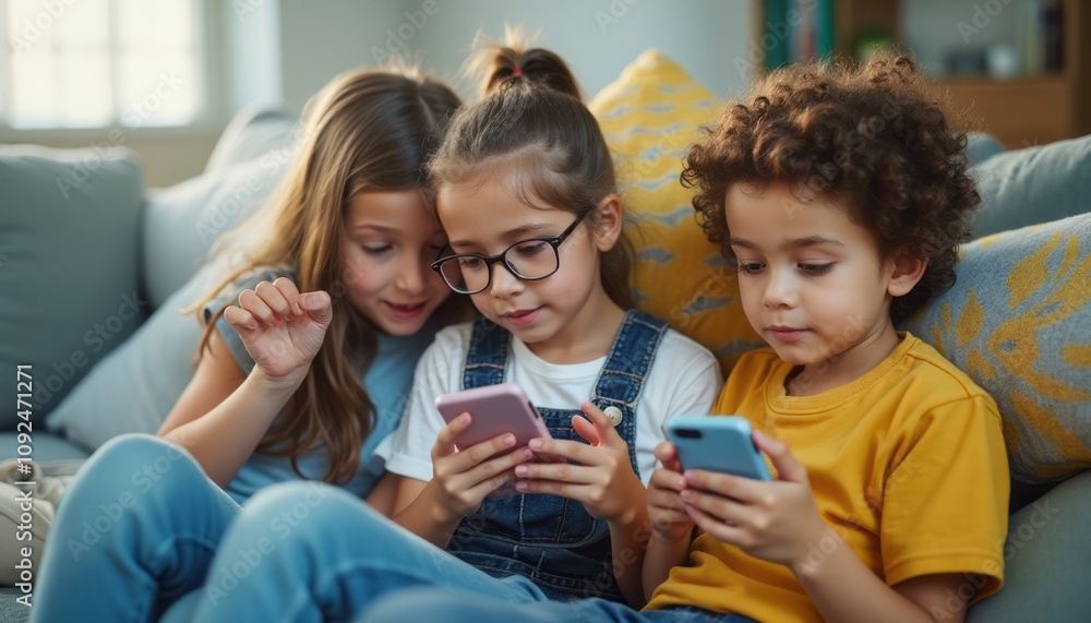 Three children sit closely together on a cozy couch, each absorbed in their smartphones, showcasing a moment of shared curiosity and connection. Their expressions range from excitement to Three children sit closely together on a cozy couch, each absorbed in their smartphones, showcasing a moment of shared curiosity and connection. Their expressions range from excitement to