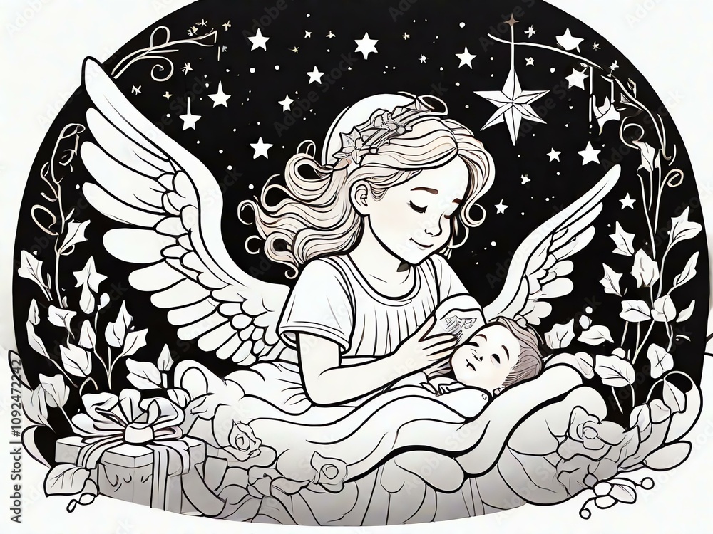 Adult Coloring Page: Cartoon-style Christmas Lullaby with angels and stars outline on a white background. Black contour, low details, no shading.
