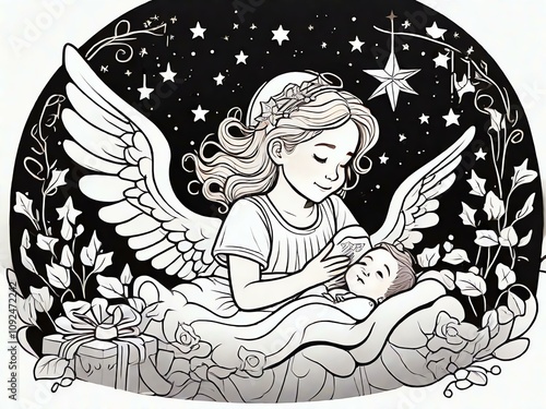 Obraz na płótnie Adult Coloring Page: Cartoon-style Christmas Lullaby with angels and stars outline on a white background. Black contour, low details, no shading. w salonie