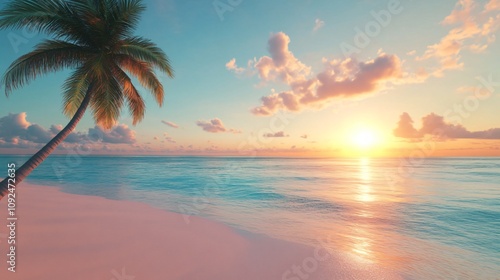 Wallpaper Mural Sunset view over calm ocean with palm tree on sandy beach in tranquil setting. Generative AI Torontodigital.ca