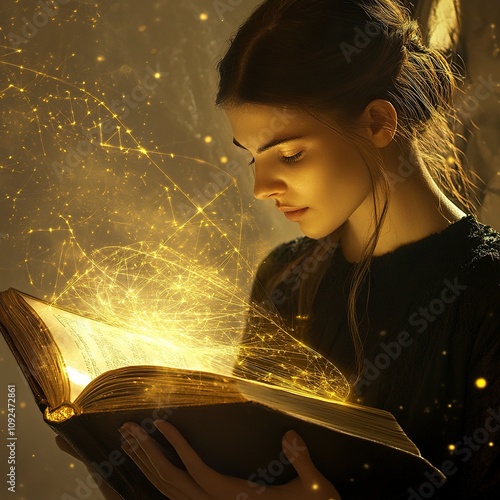 a woman reading a book that generates golden light with sacred geomatry generative ai photo