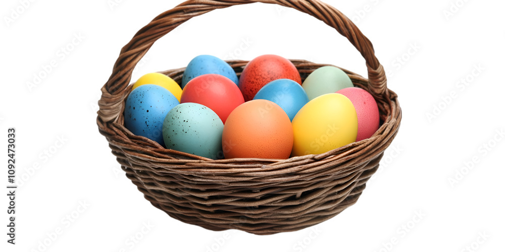 Colorful Easter Eggs in Wicker Basket with Transparent Background Colorful Easter Eggs in Wicker Basket with Transparent Background