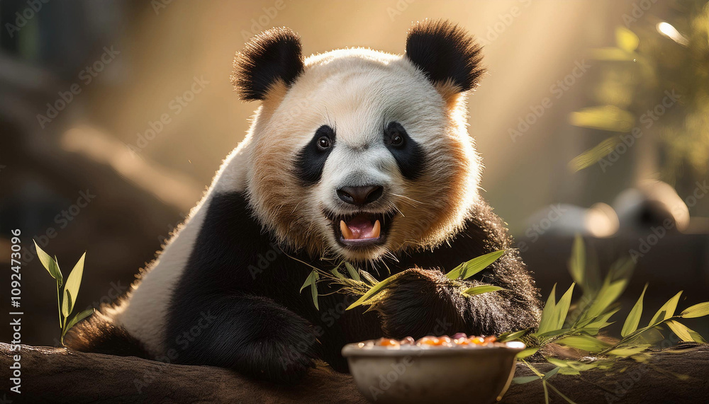 Obraz premium 먹이인 대나무를 먹고 있는 팬더 클로즈업