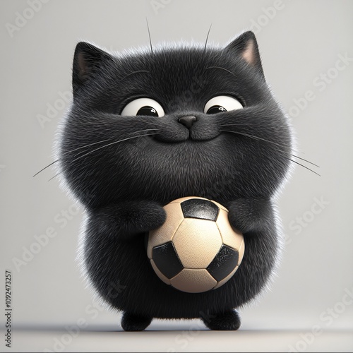 Playful black cat with a soccer ball in a studio setting. Generative AI