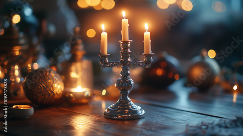 Hanukkah in Mumbai, close-up of traditional silver menorah with almost extinguished candles, soft light from candles casting beautiful shadows on wooden table, Ai generated images