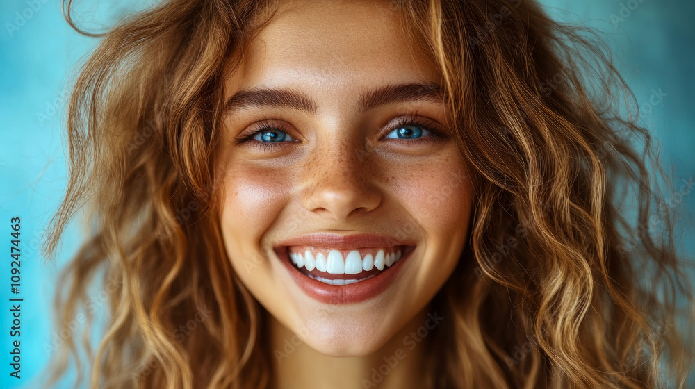 A young woman with curly hair smiles broadly, displaying her joyful expression in a vibrant blue setting, radiating positivity and warmth A young woman with curly hair smiles broadly, displaying her joyful expression in a vibrant blue setting, radiating positivity and warmth
