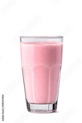 A glass of peach yogurt with fruits, isolated on white background.