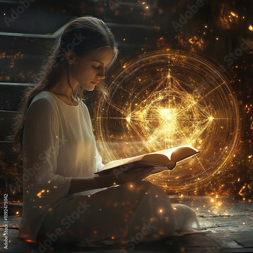 a woman reading a book that generates golden light with sacred geomatry generative ai photo