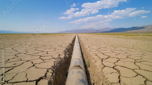 A distant pipeline cuts through a parched, cracked landscape. photo